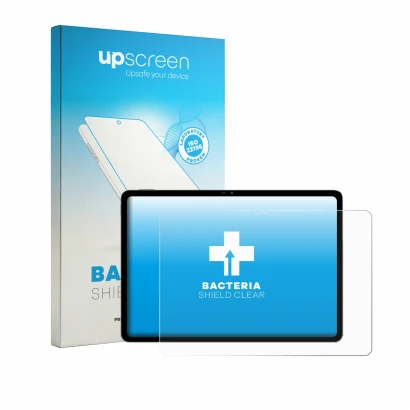 Face avant d’un emballage produit avec le logo de la marque upscreen. À côté, l’appareil Blackview MEGA 5 est représenté avec 