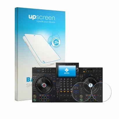 Face avant d’un emballage produit avec le logo de la marque upscreen. À côté, l’appareil AlphaTheta XDJ-AZ (Jog) est représent