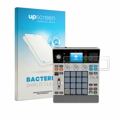 Face avant d’un emballage produit avec le logo de la marque upscreen. À côté, l’appareil Akai MPC Sample est représenté avec l
