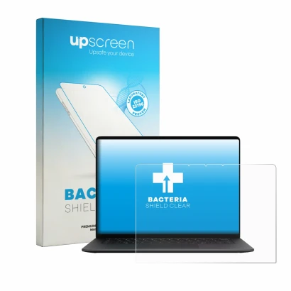 Face avant d’un emballage produit avec le logo de la marque upscreen. À côté, l’appareil Microsoft Surface Laptop 15" 2026 est