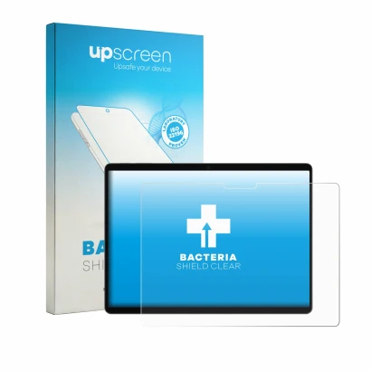 Face avant d’un emballage produit avec le logo de la marque upscreen. À côté, l’appareil Microsoft Surface Pro 13 2026 est rep