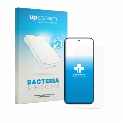 Face avant d’un emballage produit avec le logo de la marque upscreen. À côté, l’appareil Tecno Camon Slim est représenté avec