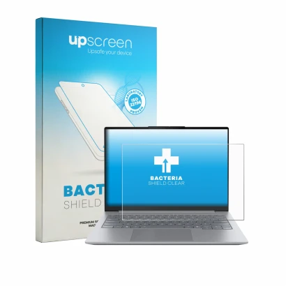 Face avant d’un emballage produit avec le logo de la marque upscreen. À côté, l’appareil Lenovo ThinkBook 14 Gen 9 est représe