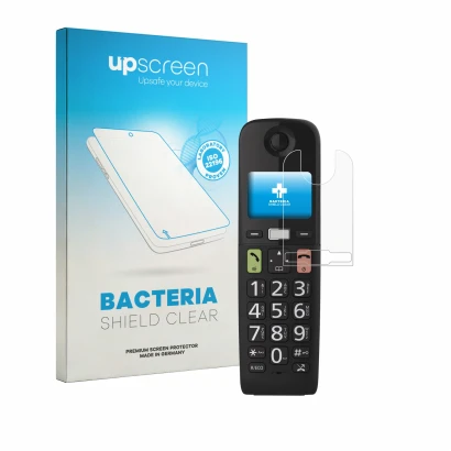 Face avant d’un emballage produit avec le logo de la marque upscreen. À côté, l’appareil Panasonic KX-TGU130 est représenté av