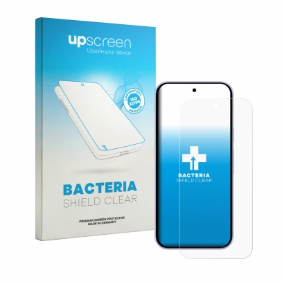 Face avant d’un emballage produit avec le logo de la marque upscreen. À côté, l’appareil Google Pixel 11 est représenté avec l