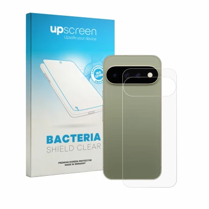 Face avant d’un emballage produit avec le logo de la marque upscreen. À côté, l’appareil Google Pixel 11 Pro XL (Arrière) est