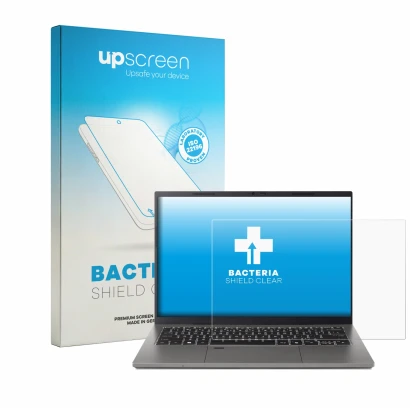 Face avant d’un emballage produit avec le logo de la marque upscreen. À côté, l’appareil Acer TravelMate X2 14 est représenté 