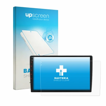 Face avant d’un emballage produit avec le logo de la marque upscreen. À côté, l’appareil Junsun V1 Plus 9" est représenté avec
