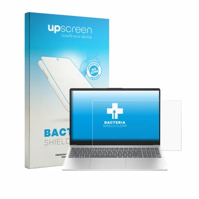 Face avant d’un emballage produit avec le logo de la marque upscreen. À côté, l’appareil HP 15-fd1731ngx est représenté avec l
