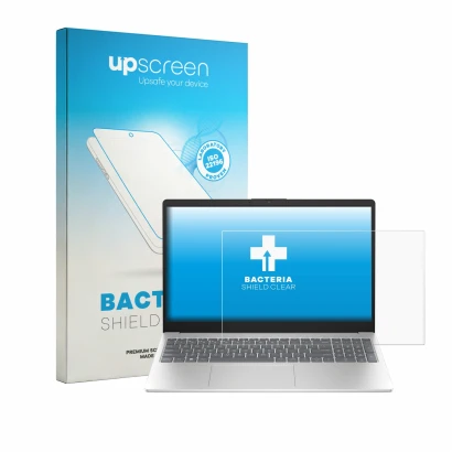 Face avant d’un emballage produit avec le logo de la marque upscreen. À côté, l’appareil HP 15-fd1750ngx est représenté avec l