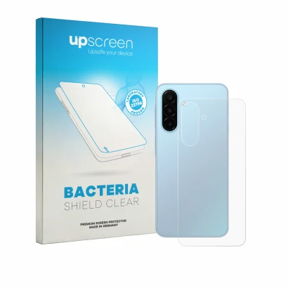 Face avant d’un emballage produit avec le logo de la marque upscreen. À côté, l’appareil Samsung Galaxy A18 4G (Arrière) est r
