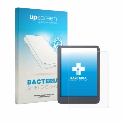 Face avant d’un emballage produit avec le logo de la marque upscreen. À côté, l’appareil Amazon Kindle Paperwhite 2026 est rep