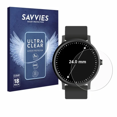 Face avant d’un emballage produit avec le logo de la marque Savvies. À côté, l’appareil Montres (Circulaire, ø: 24 mm) est rep