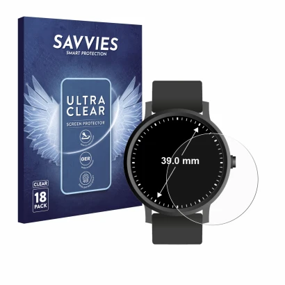 Face avant d’un emballage produit avec le logo de la marque Savvies. À côté, l’appareil Montres (Circulaire, ø: 39 mm) est rep