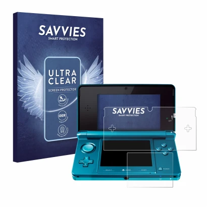 Face avant d’un emballage produit avec le logo de la marque Savvies. À côté, l’appareil Nintendo 3DS est représenté avec la pr
