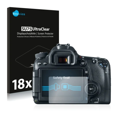 Face avant d’un emballage produit avec le logo de la marque Savvies. À côté, l’appareil Canon EOS 70D est représenté avec la p