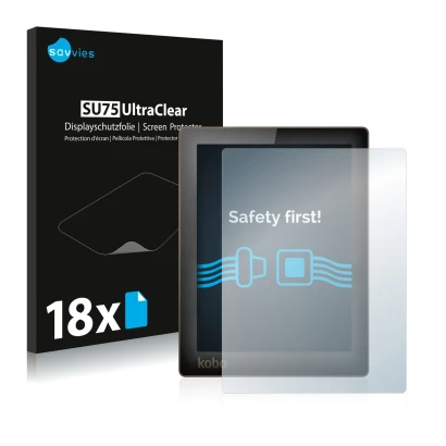 Face avant d’un emballage produit avec le logo de la marque Savvies. À côté, l’appareil Kobo Aura est représenté avec la prote