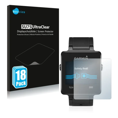 Face avant d’un emballage produit avec le logo de la marque Savvies. À côté, l’appareil Garmin vivoactive est représenté avec 