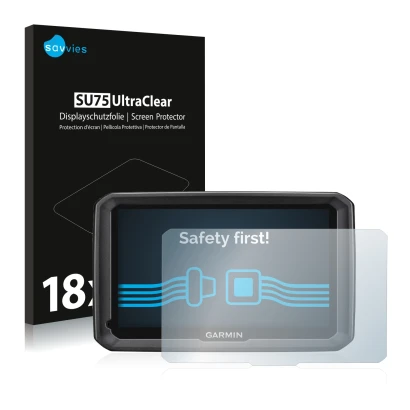 Face avant d’un emballage produit avec le logo de la marque Savvies. À côté, l’appareil Garmin dezl 770 LMT-D est représenté a