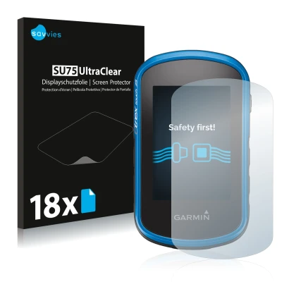 Face avant d’un emballage produit avec le logo de la marque Savvies. À côté, l’appareil Garmin eTrex Touch 25 est représenté a