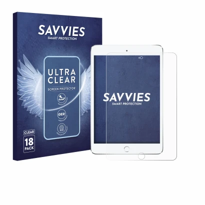 Face avant d’un emballage produit avec le logo de la marque Savvies. À côté, l’appareil Apple iPad Mini 4 2015 est représenté 