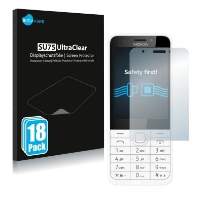 Face avant d’un emballage produit avec le logo de la marque Savvies. À côté, l’appareil Nokia 230 est représenté avec la prote