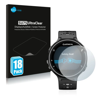 Face avant d’un emballage produit avec le logo de la marque Savvies. À côté, l’appareil Garmin Forerunner 230 est représenté a