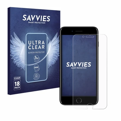 Face avant d’un emballage produit avec le logo de la marque Savvies. À côté, l’appareil Apple iPhone 7 Plus est représenté ave