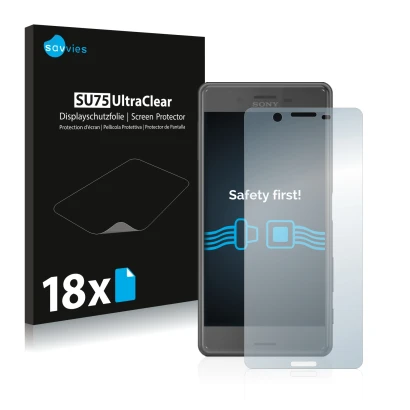 Face avant d’un emballage produit avec le logo de la marque Savvies. À côté, l’appareil Sony Xperia X Performance est représen