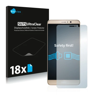 Face avant d’un emballage produit avec le logo de la marque Savvies. À côté, l’appareil Huawei Mate 9 est représenté avec la p