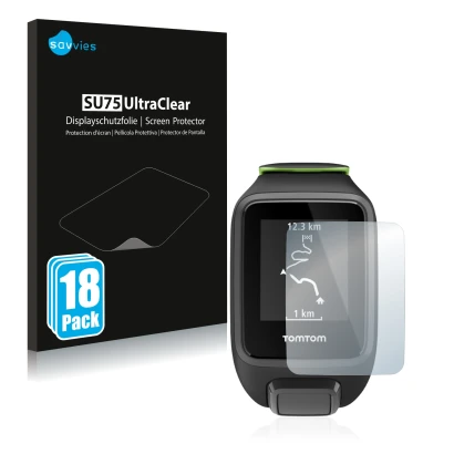 Face avant d’un emballage produit avec le logo de la marque Savvies. À côté, l’appareil TomTom Runner 3 est représenté avec la