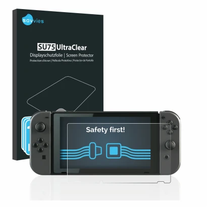 Face avant d’un emballage produit avec le logo de la marque Savvies. À côté, l’appareil Nintendo Switch est représenté avec la