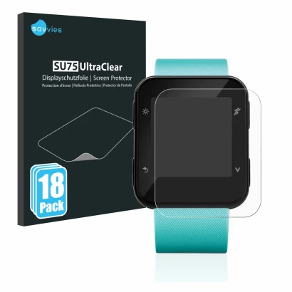 Face avant d’un emballage produit avec le logo de la marque Savvies. À côté, l’appareil Garmin Forerunner 35 est représenté av