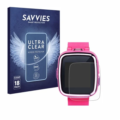 Face avant d’un emballage produit avec le logo de la marque Savvies. À côté, l’appareil Vtech Kidizoom Smart Watch 2 est repré