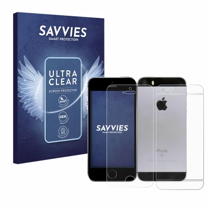 Face avant d’un emballage produit avec le logo de la marque Savvies. À côté, l’appareil Apple iPhone SE 2016 (Avant+Arrière) e