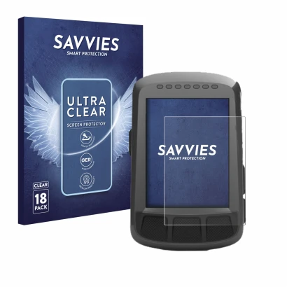 Face avant d’un emballage produit avec le logo de la marque Savvies. À côté, l’appareil Wahoo Elemnt Bolt GPS est représenté a