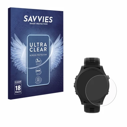 Face avant d’un emballage produit avec le logo de la marque Savvies. À côté, l’appareil Garmin Forerunner 935 est représenté a