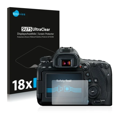 Face avant d’un emballage produit avec le logo de la marque Savvies. À côté, l’appareil Canon EOS 6D Mark II est représenté av