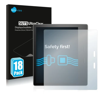 Face avant d’un emballage produit avec le logo de la marque Savvies. À côté, l’appareil Amazon Kindle Oasis 2017 (9ème Gen.) e