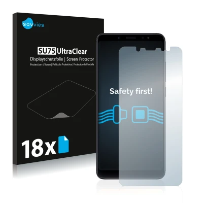 Face avant d’un emballage produit avec le logo de la marque Savvies. À côté, l’appareil Xiaomi Redmi Note 5 est représenté ave