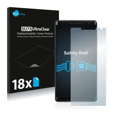 Face avant d’un emballage produit avec le logo de la marque Savvies. À côté, l’appareil Nokia 8 Sirocco est représenté avec la