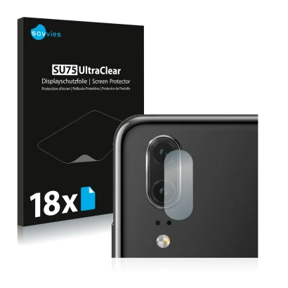 Face avant d’un emballage produit avec le logo de la marque Savvies. À côté, l’appareil Huawei P20 (Caméra UNIQUEMENT) est rep