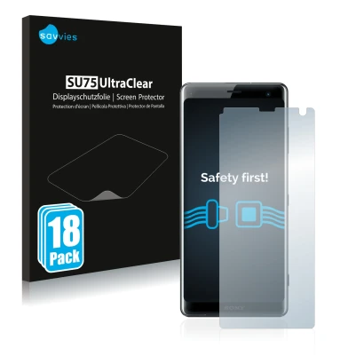 Face avant d’un emballage produit avec le logo de la marque Savvies. À côté, l’appareil Sony Xperia XZ3 est représenté avec la