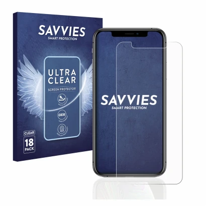 Face avant d’un emballage produit avec le logo de la marque Savvies. À côté, l’appareil Apple iPhone Xs est représenté avec la