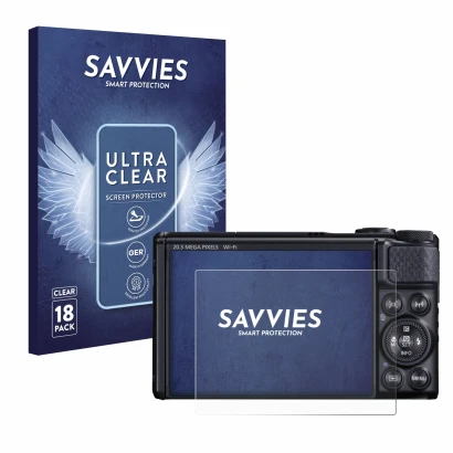 Face avant d’un emballage produit avec le logo de la marque Savvies. À côté, l’appareil Canon PowerShot SX740 HS est représent