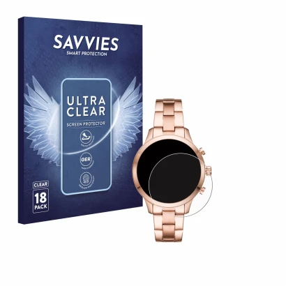 Face avant d’un emballage produit avec le logo de la marque Savvies. À côté, l’appareil Michael Kors Access Runway (41 mm) est