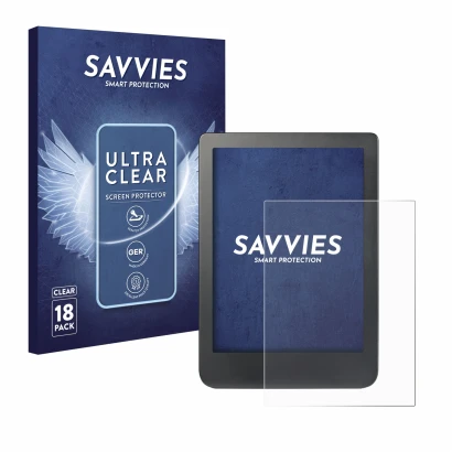 Face avant d’un emballage produit avec le logo de la marque Savvies. À côté, l’appareil Kobo Clara HD (6") est représenté avec