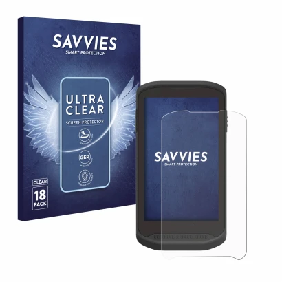 Face avant d’un emballage produit avec le logo de la marque Savvies. À côté, l’appareil Zebra TC25 est représenté avec la prot