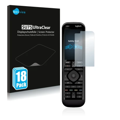 Face avant d’un emballage produit avec le logo de la marque Savvies. À côté, l’appareil Logitech Harmony Elite est représenté 