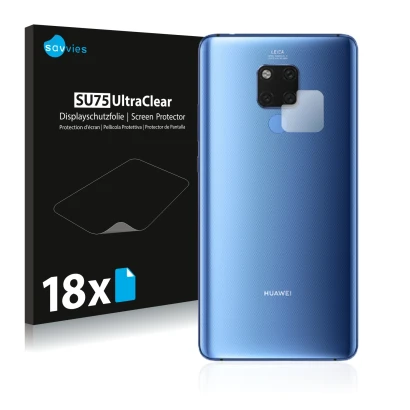 Face avant d’un emballage produit avec le logo de la marque Savvies. À côté, l’appareil Huawei Mate 20 X (Caméra UNIQUEMENT) e